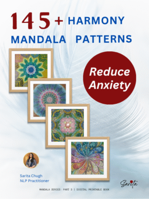 Cover image of Harmony Mandala Coloring Book by Sarita Chugh featuring 145+ printable mandala patterns to reduce anxiety and promote calm, with framed colorful mandalas on a soft feather background.