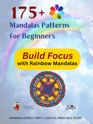 Cover image of "Rainbow Mandalas" digital coloring book featuring 175+ beginner-friendly mandala patterns to build focus, with a rainbow background and colorful mandala illustration.