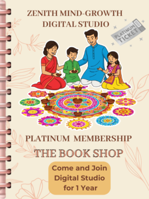 Zenith Mind-Growth Digital Studio Platinum Membership poster showing a family practicing creativity, a digital bookshelf of mandala books, mindfulness journals, and kids coloring books, and a launch countdown clock representing 1-year unlimited access to the complete book collection and all new releases.