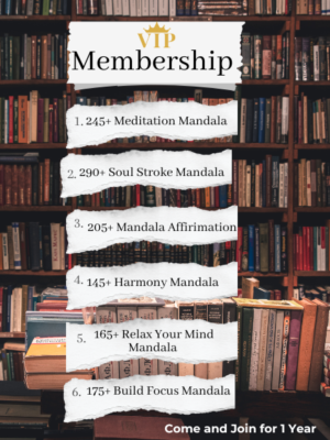 List of 6 mandala coloring books included in the Sarita Chugh VIP Membership: Meditation, Soul Stroke, Affirmation, Harmony, Relax Your Mind, and Build Focus Mandalas.